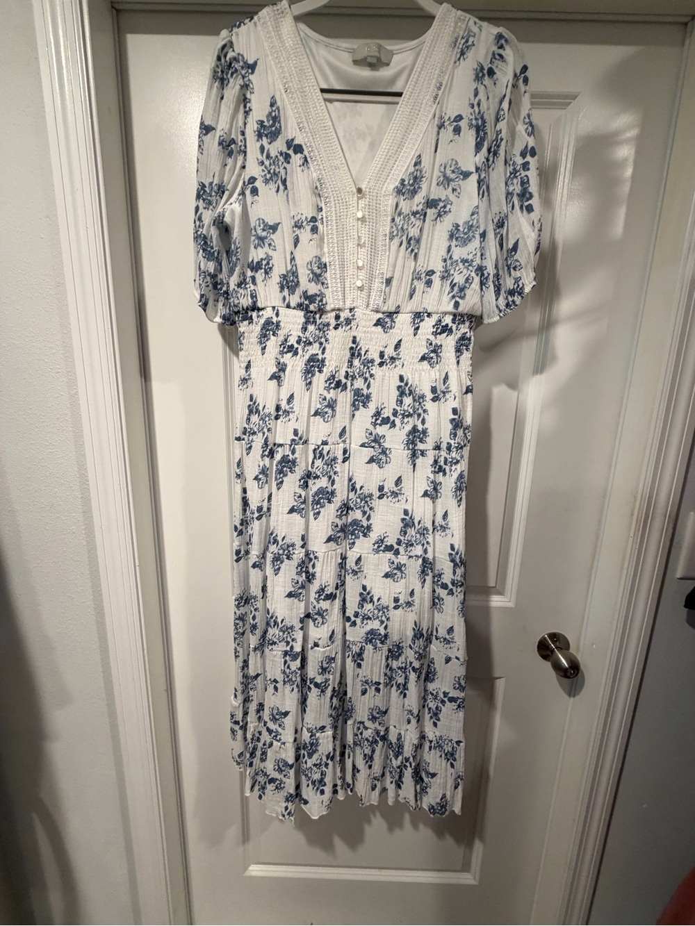Blue Floral V-Neck Smocked-Waist Midi Dress